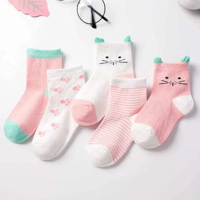 5 Pair/Lot Kids Soft Cotton, Cute Cartoon Socks