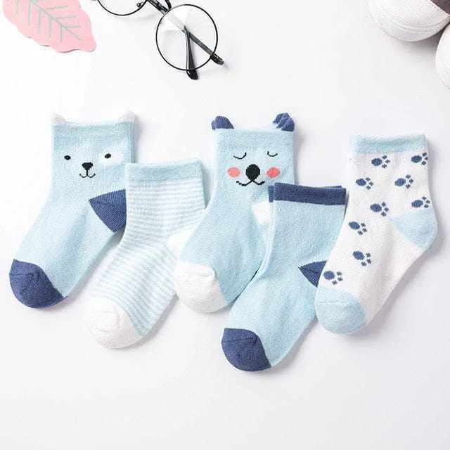 5 Pair/Lot Kids Soft Cotton, Cute Cartoon Socks