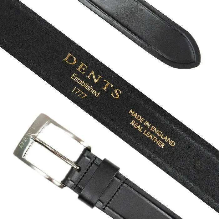 Dents Heritage Satin Nickel Buckle Embossed Edge Full-Grain Leather Belt - Black