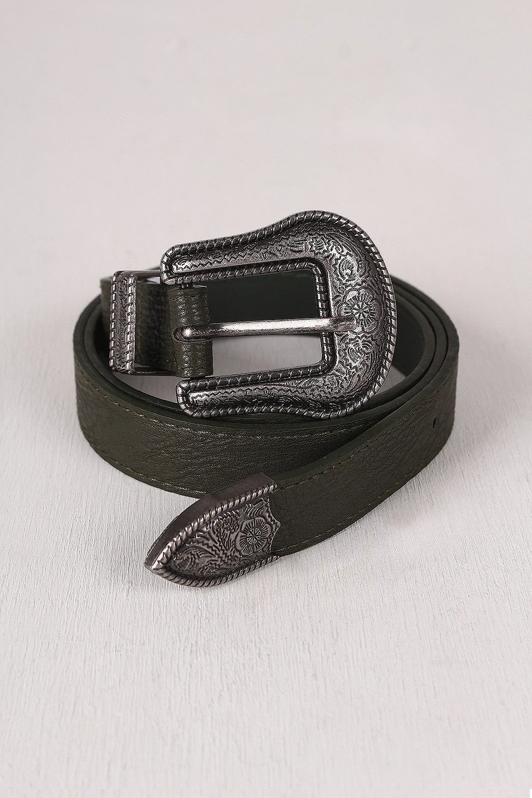 Floral Etched Buckle Textured Leather Belt