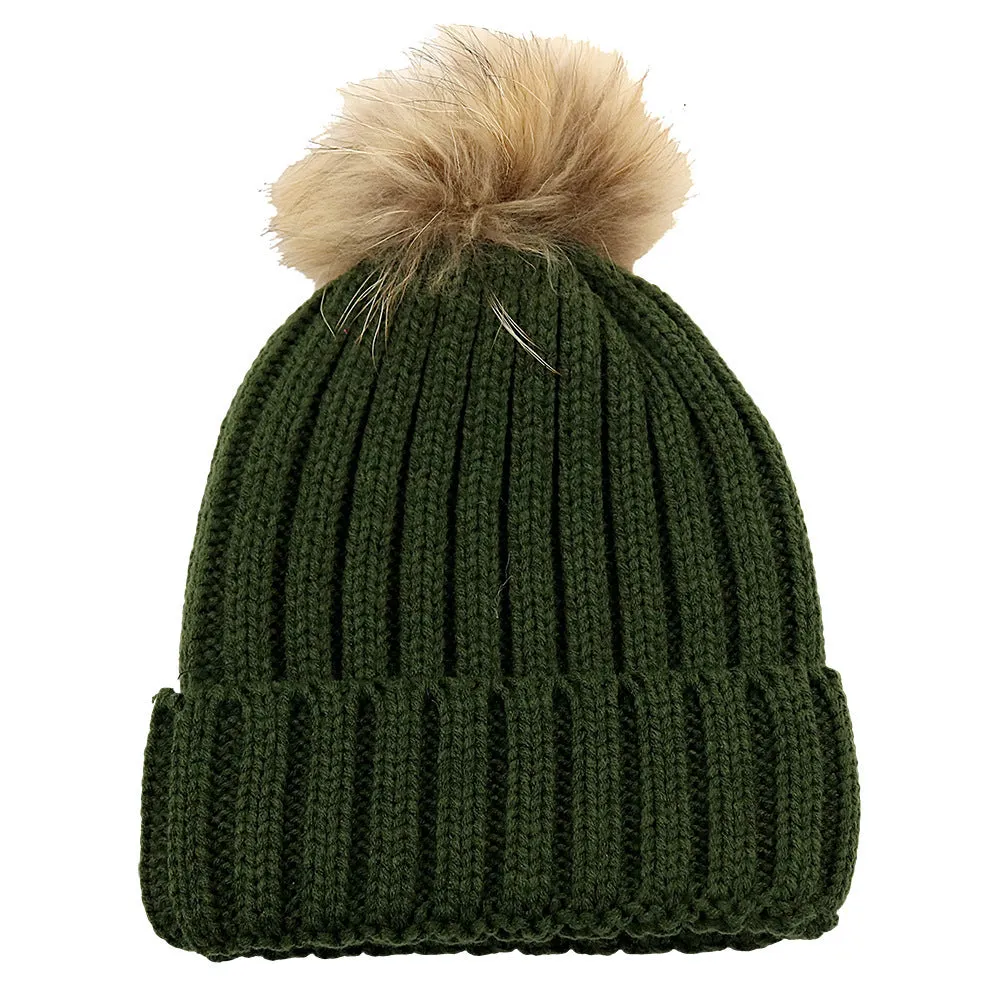 Fur Ball Knitted Hat Warm And Thick Woolen Cap