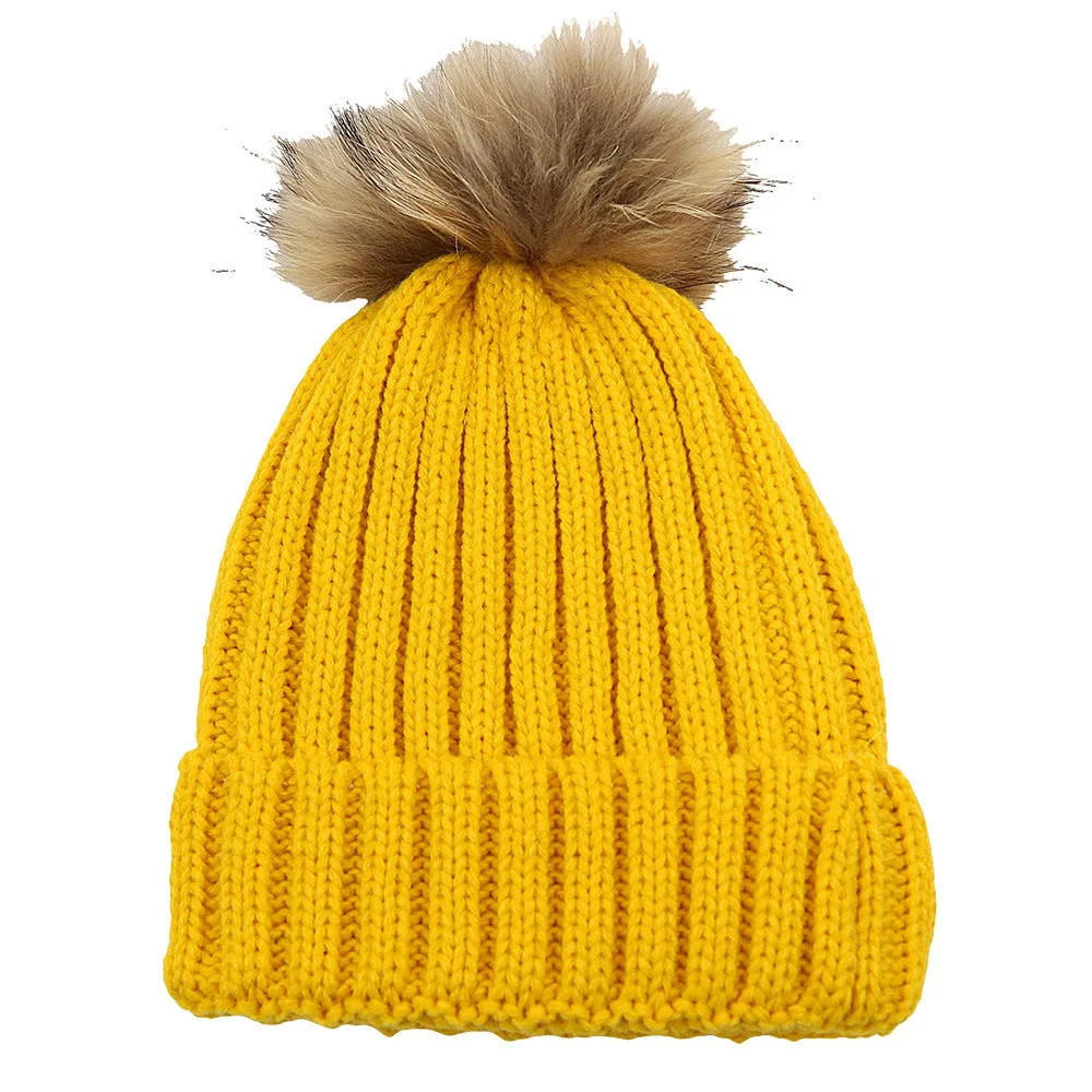 Fur Ball Knitted Hat Warm And Thick Woolen Cap