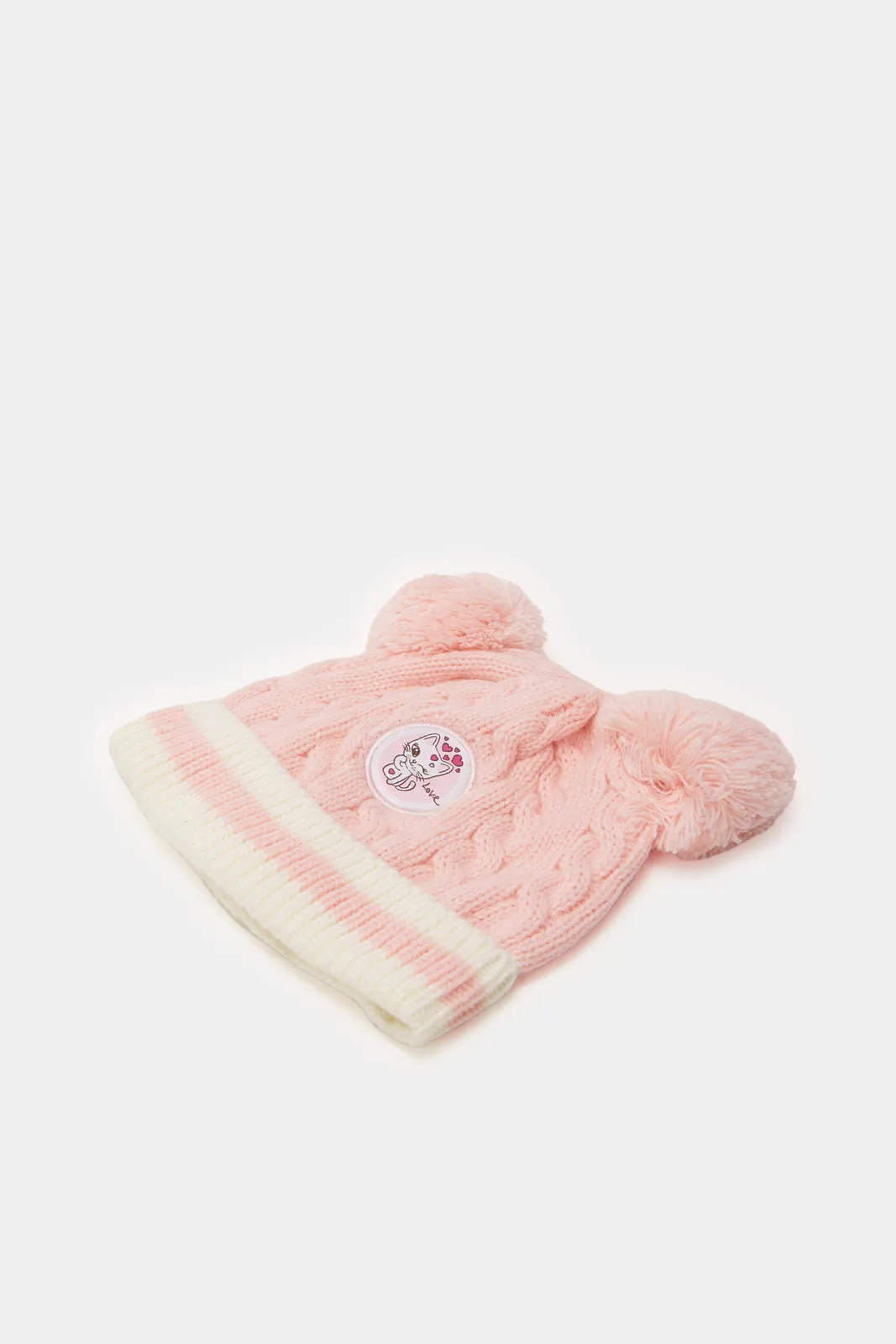 Girls Pink Knitted Cap With Gloves Set (2 Piece)