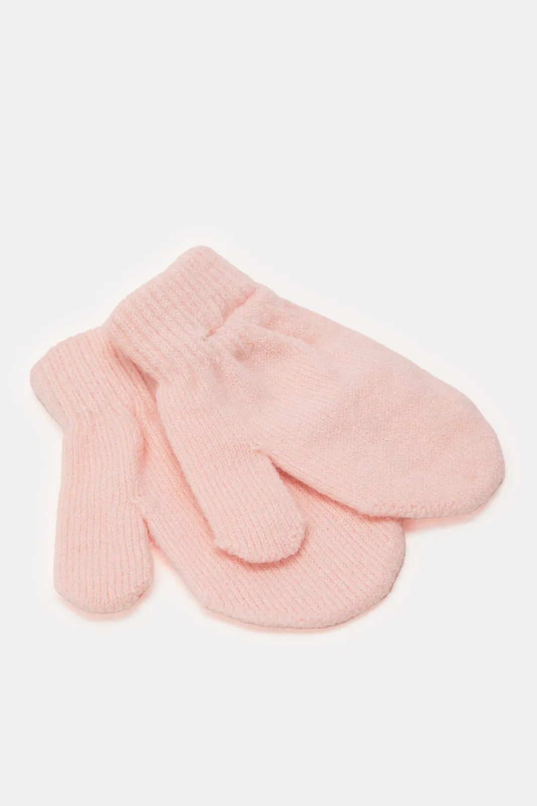 Girls Pink Knitted Cap With Gloves Set (2 Piece)