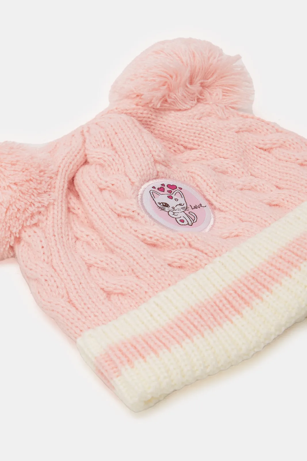 Girls Pink Knitted Cap With Gloves Set (2 Piece)