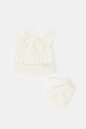 Girls White Knitted Cap With Gloves Set (2 Piece)