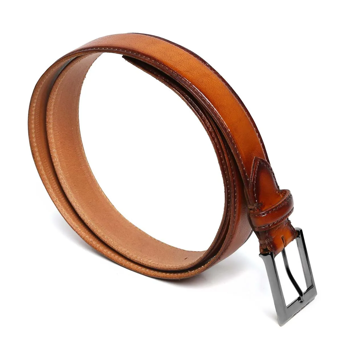 Hand Painted Leather Formal Belt in Tan With Gun Metal Square Buckle