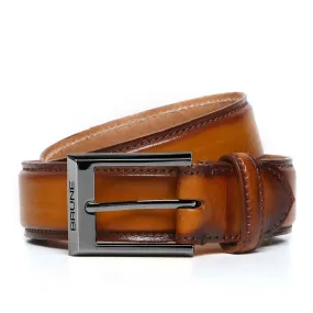 Hand Painted Leather Formal Belt in Tan With Gun Metal Square Buckle