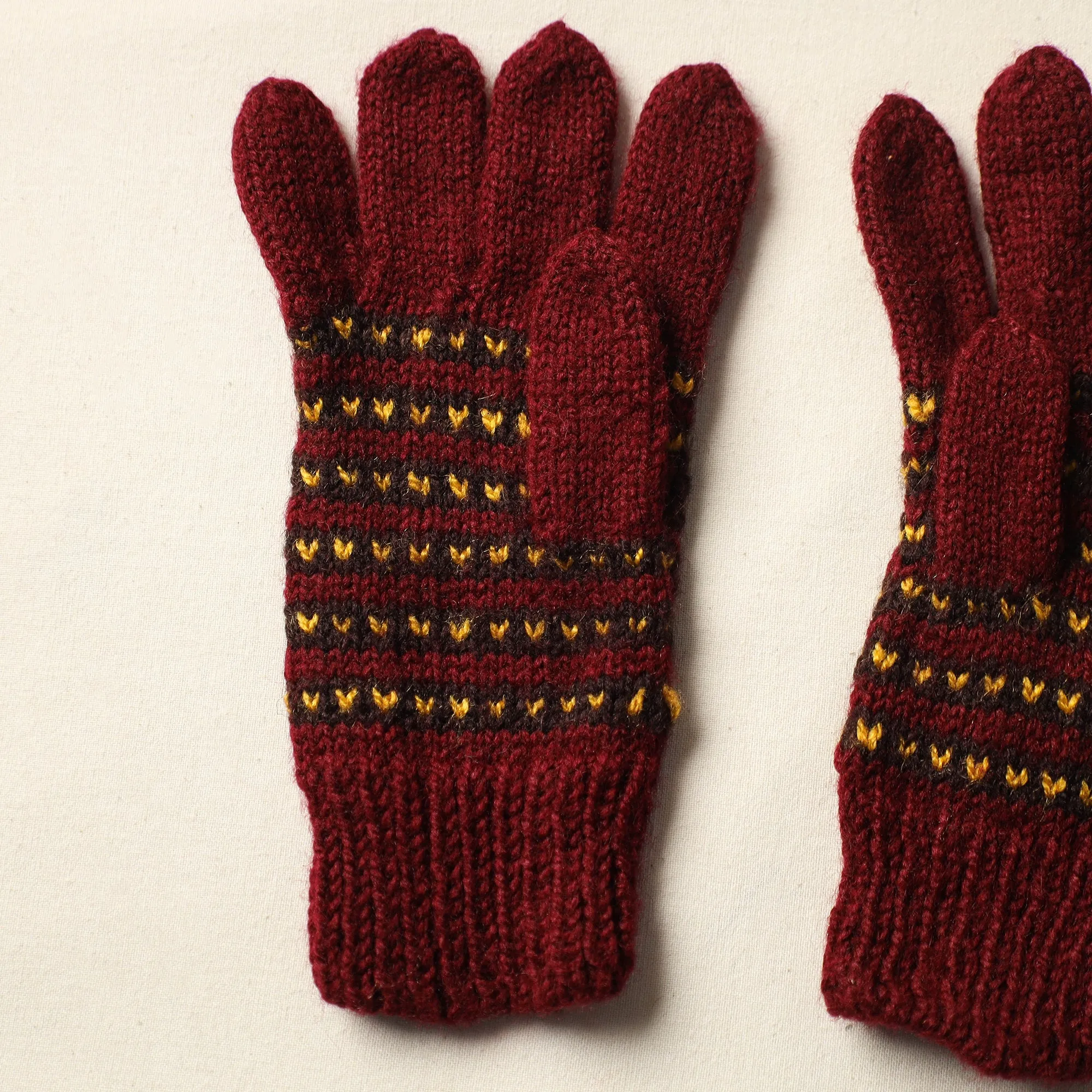 Maroon - Kumaun Hand Knitted Woolen Gloves (Adult) 38