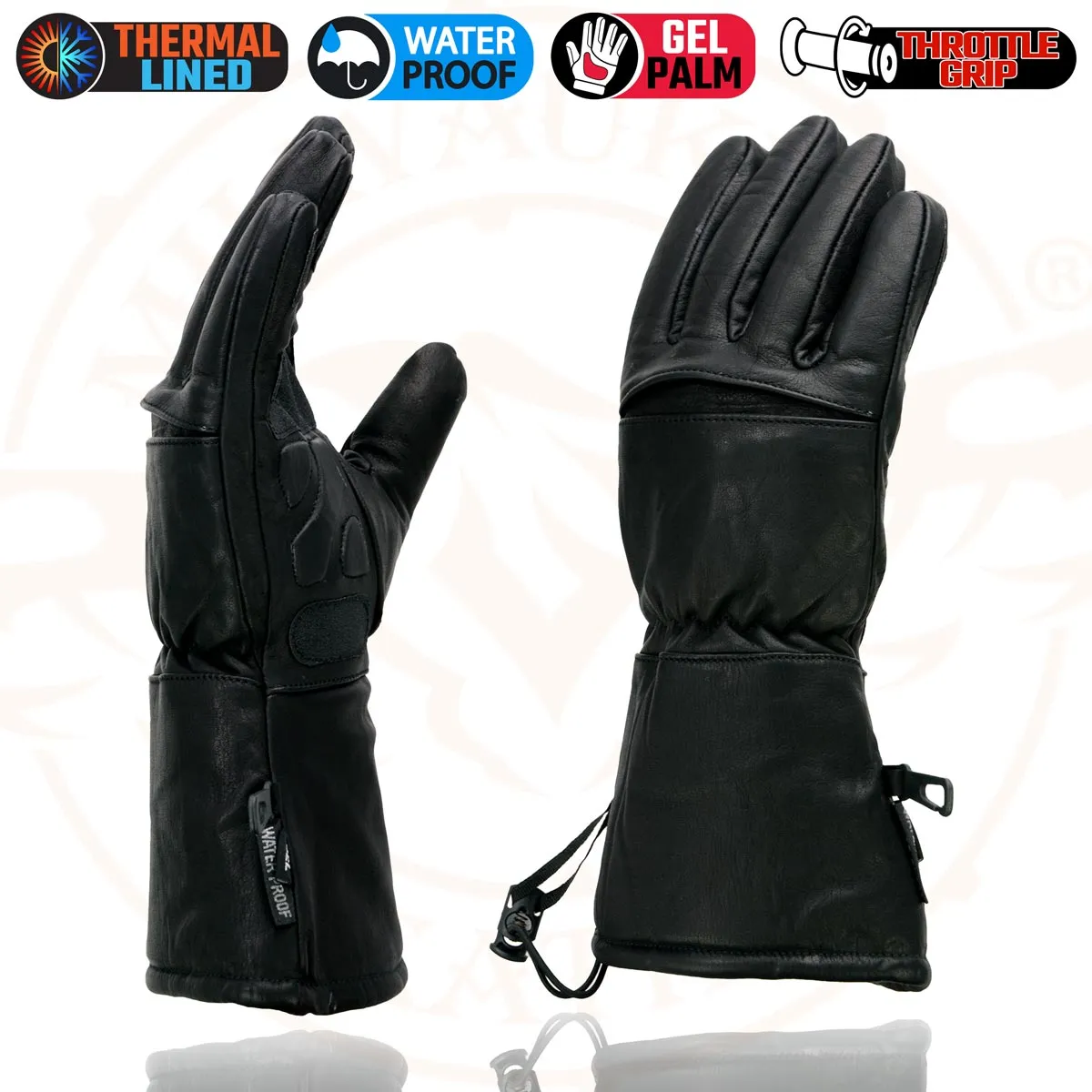 Milwaukee Leather Men's Black Gauntlet Motorcycle Hand Gloves-Black Leather Waterproof Gel Palm Soft Skin-SH292