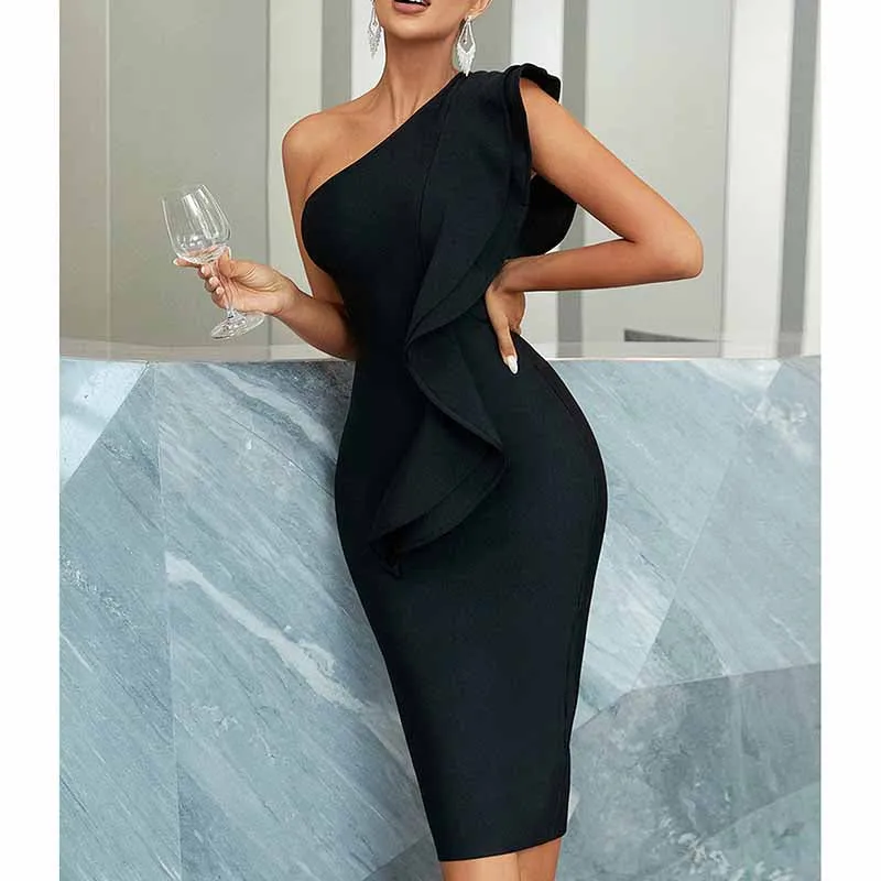 One Shoulder Ruffle Dress Bodycon Bandage Dress Wedding Guest Dress