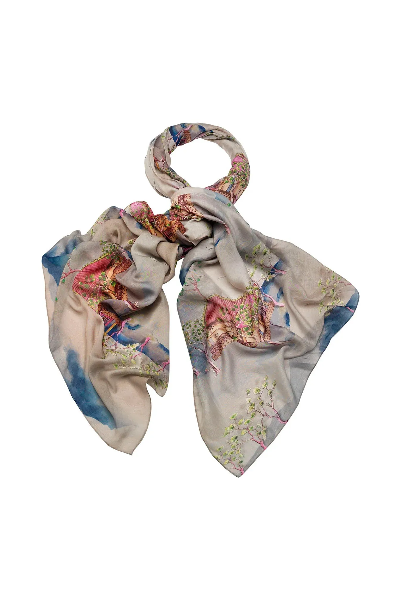 Oriental Landscape Grey Scarf | One Hundred Stars