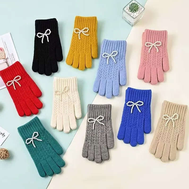 Pearl Bow Knit Gloves