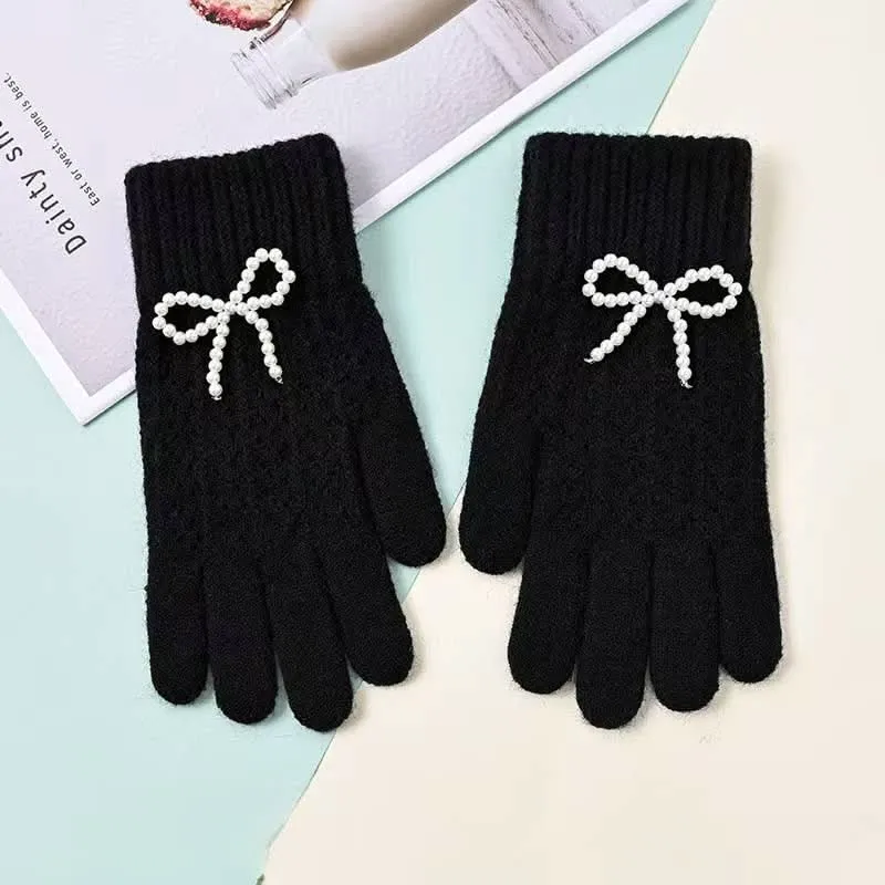 Pearl Bow Knit Gloves