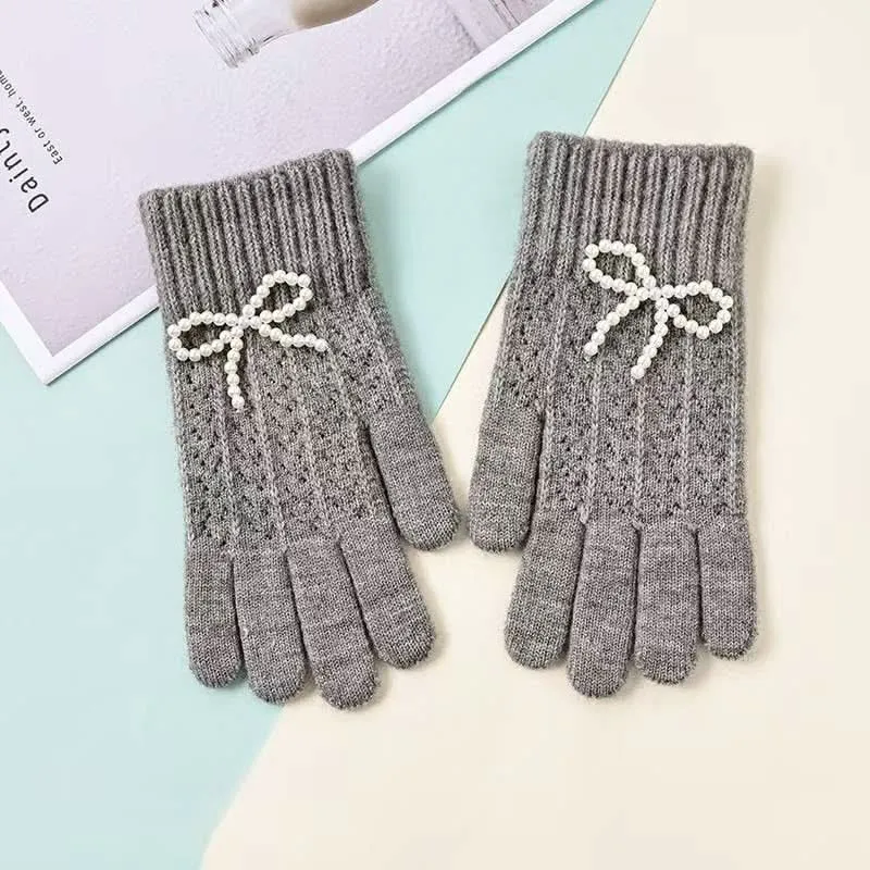 Pearl Bow Knit Gloves