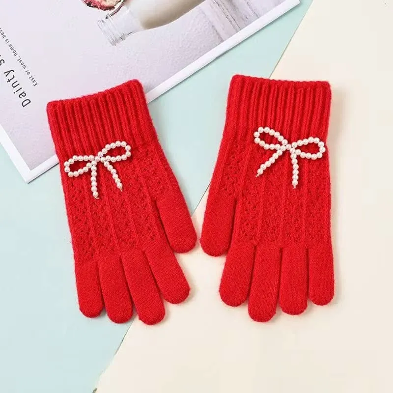 Pearl Bow Knit Gloves