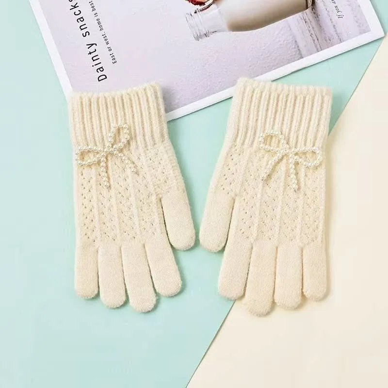 Pearl Bow Knit Gloves