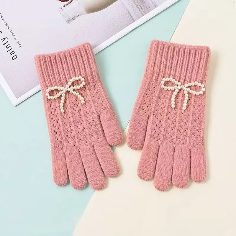 Pearl Bow Knit Gloves