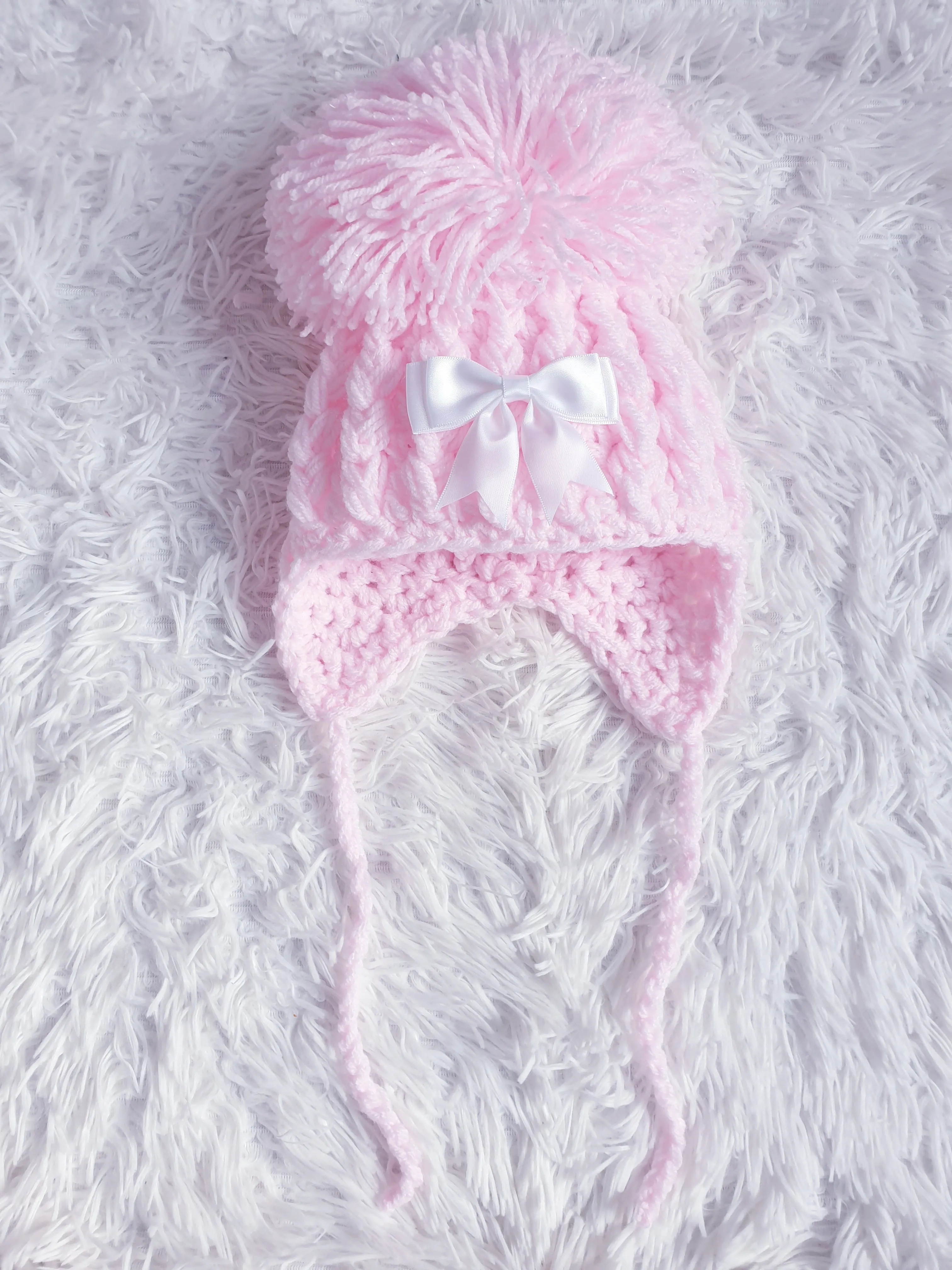 Pink Hand Knitted Pom Pom Hat 6-12M