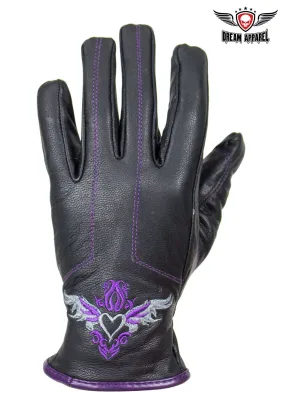 Purple-Heart Graphic Embroidered Leather Gloves