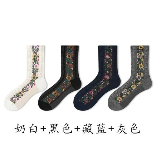 Retro socks women's tube socks ethnic style literary forest floral Japanese pile stockings stockings