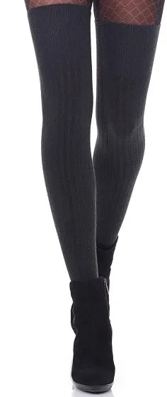 Ribbed Merino Wool Over The Knee Socks - Black, Ecru   Graphite