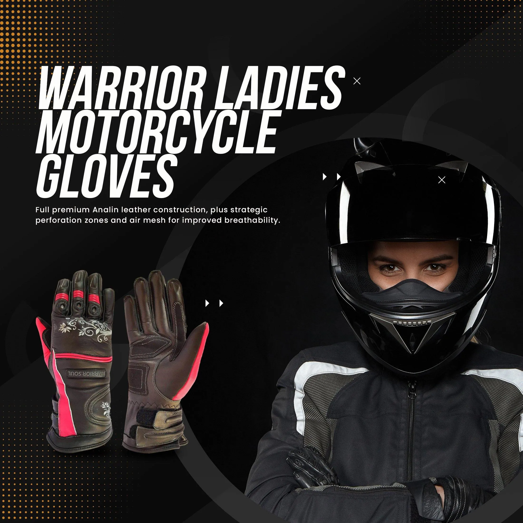 Warrior Gears® Ladies Motorcycle Gloves | Leather Graphic Biker Glove