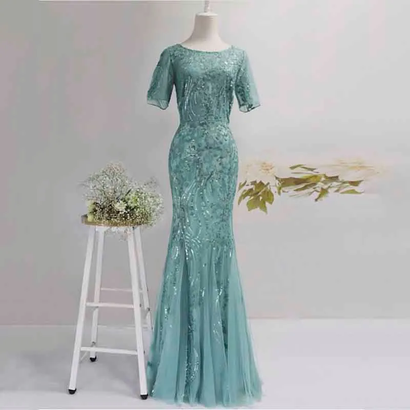 Women Maxi Sequin Bridesmaid Prom Dresses O Neck Half sleeve Party Dress