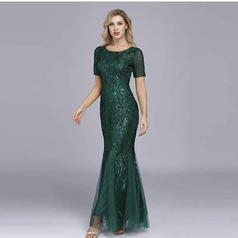 Women Maxi Sequin Bridesmaid Prom Dresses O Neck Half sleeve Party Dress