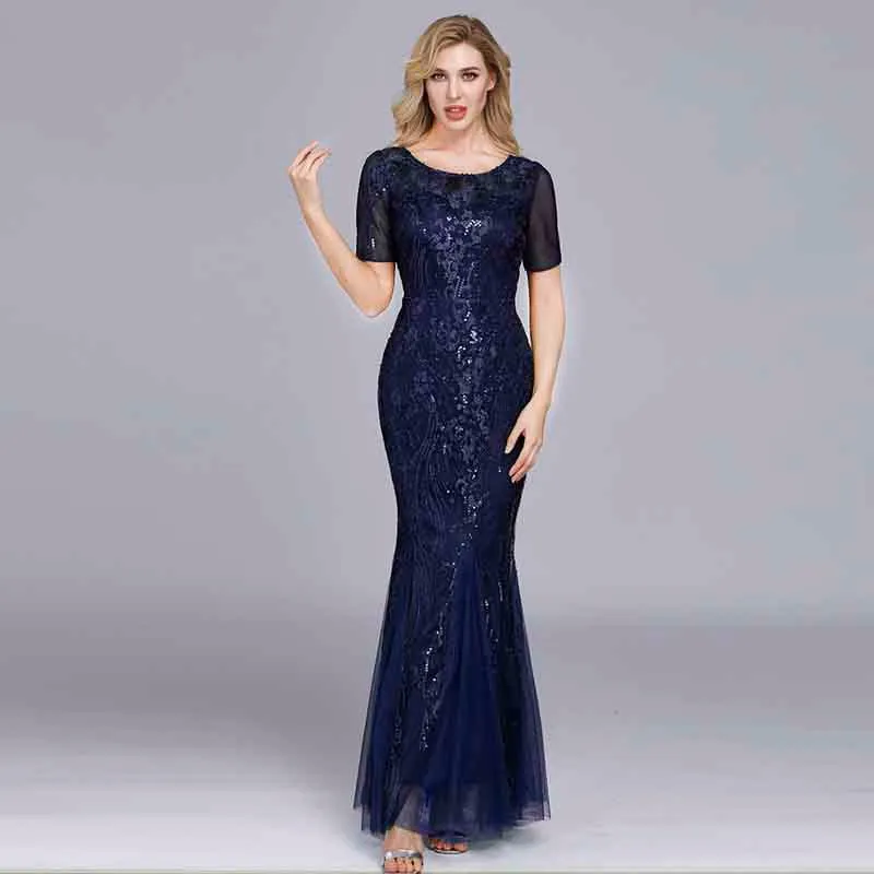 Women Maxi Sequin Bridesmaid Prom Dresses O Neck Half sleeve Party Dress