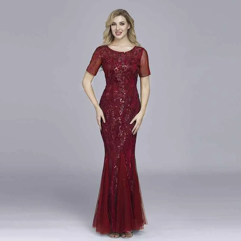 Women Maxi Sequin Bridesmaid Prom Dresses O Neck Half sleeve Party Dress