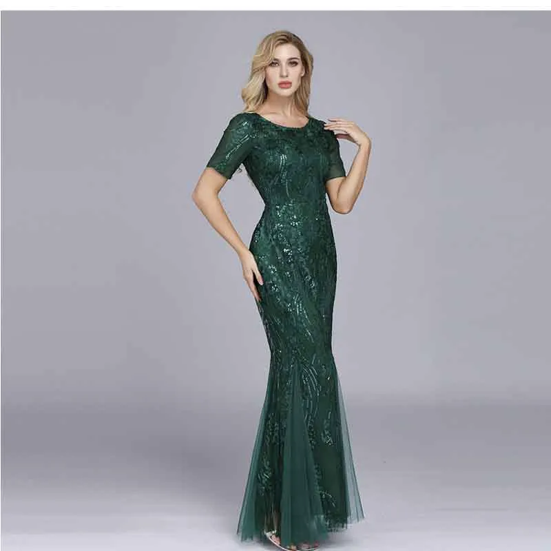 Women Maxi Sequin Bridesmaid Prom Dresses O Neck Half sleeve Party Dress