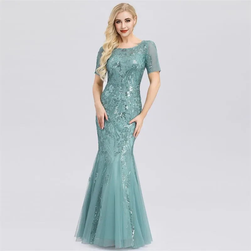 Women Maxi Sequin Bridesmaid Prom Dresses O Neck Half sleeve Party Dress