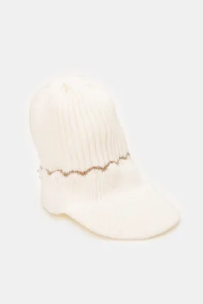 Women White Embellished Knitted Cap